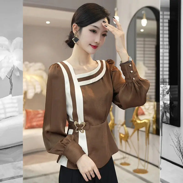 Womens High Waist Blouse V Neck Long Sleeve Color Block Office