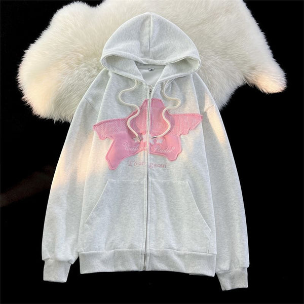 American Retro Star Patch Zipper Hoodies Cardigan for Women