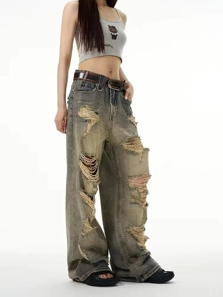High Street Retro Distressed Straight Leg Jeans for Women Loose Fit Pants
