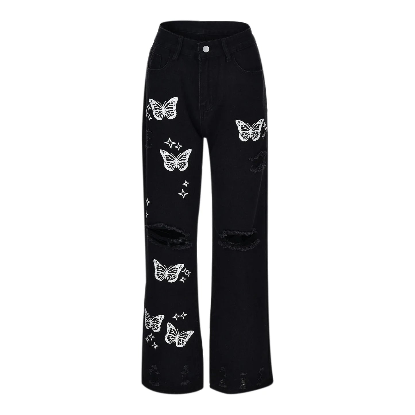 Womens Butterfly Print Jeans High Waist Straight Denim
