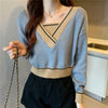 Women Color Block Sweater V Neck Layered Loose Knit Top Spring Fall