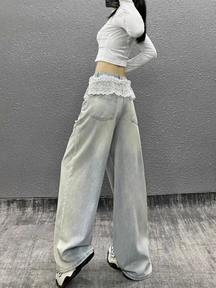 Women's Y2K Lace Patchwork High Waist Jeans