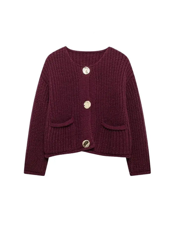 Women's Knit Cardigan Sweater - Gold Buttons & Patch Pockets