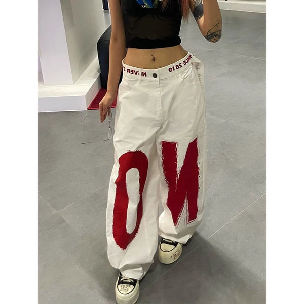 Women Y2K Baggy Jeans White Letter Print Oversized Hip Hop Denim