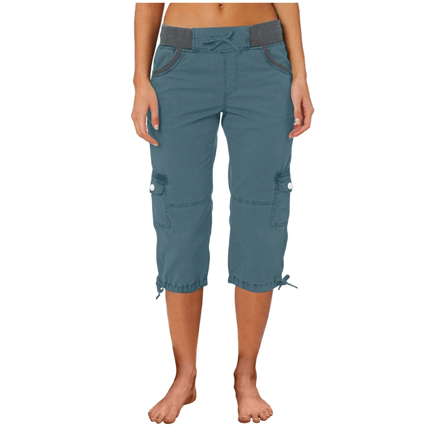Women Cargo Capris Summer Soild Casual Pants With Pocket Drawstring