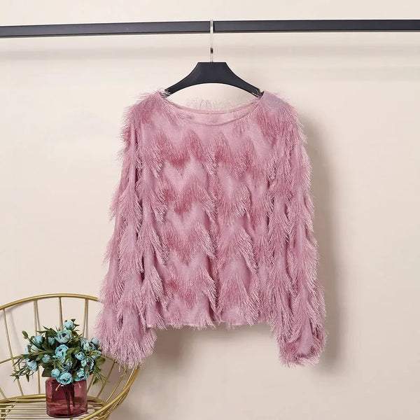 Blouse Women Autumn Wave Shape Furry Tassel Long Sleeve Pullover