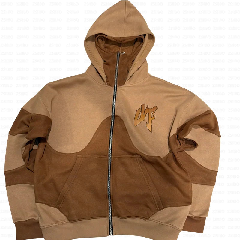 American Retro Letter Printed Hoodie Men Zipper Sweatshirt Streetwear