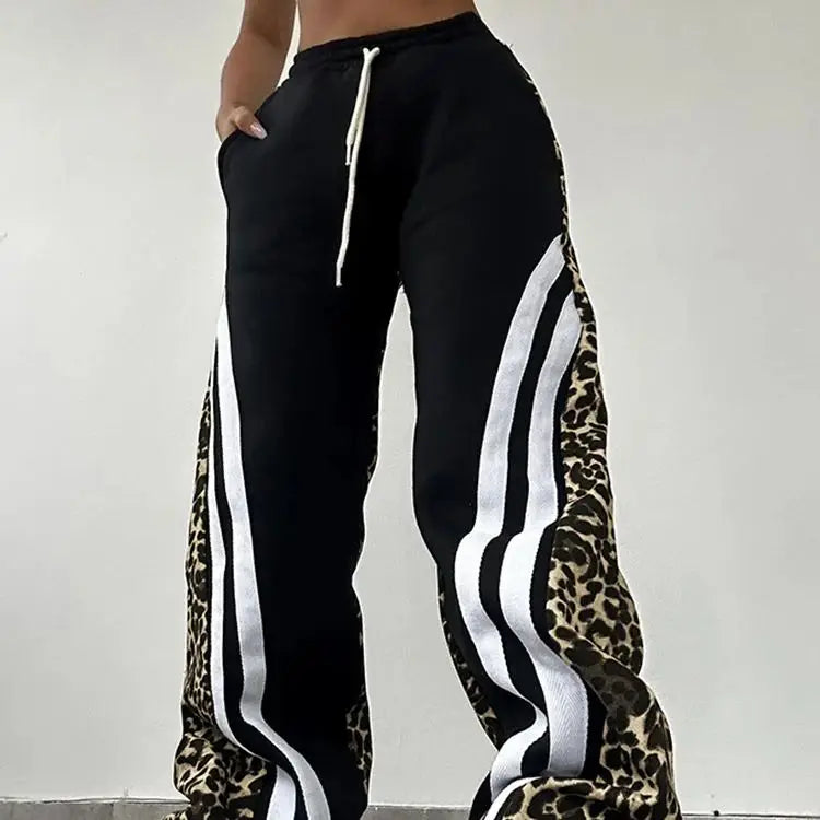 Women's Stripe Patchwork Flare Pants 2025 Leopard Print Trend