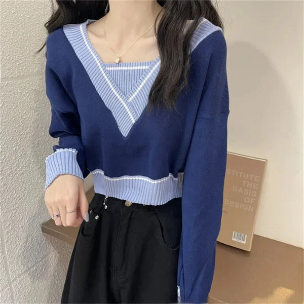 Women Color Block Sweater V Neck Layered Loose Knit Top Spring Fall