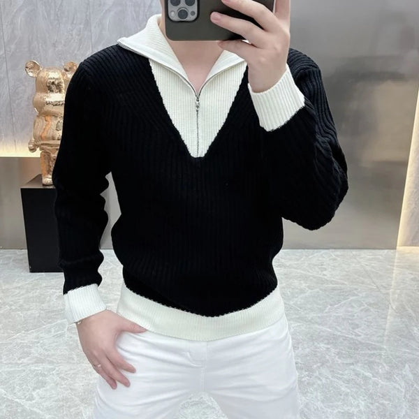 Men Color Block Quarter Zip Sweater Slim Fit Business Polo Pullover