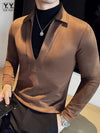 Men Suede V Neck T Shirt Mock Layer Slim Fit Pullover