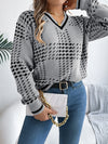 Womens Colorblock V Neck Sweater Lantern Sleeve Striped Knit Top