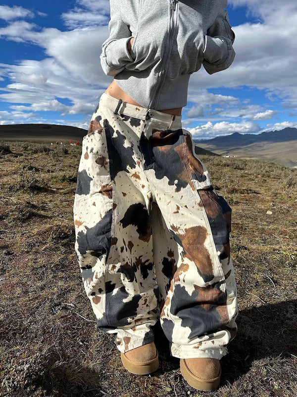 Cow Print Barrel Jeans Women Fleece Lined Wide Leg Low Rise Pants