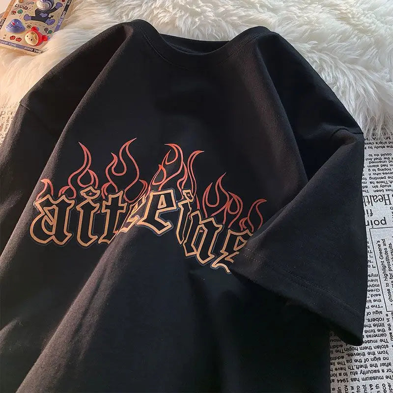 Men’s Hip-Hop Retro Letter Print Fire T-Shirt Casual Summer Streetwear