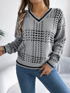 Womens Colorblock V Neck Sweater Lantern Sleeve Striped Knit Top