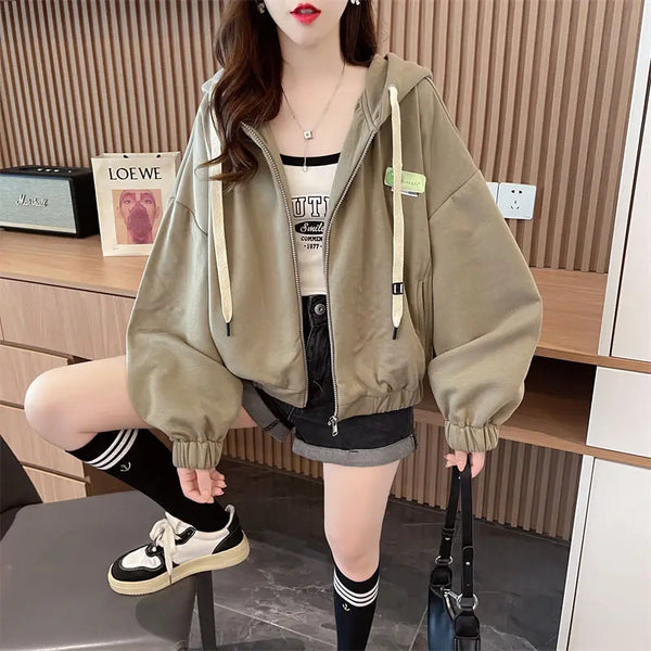 Womens Cropped Hoodie Lightweight Loose Fit Casual Jacket