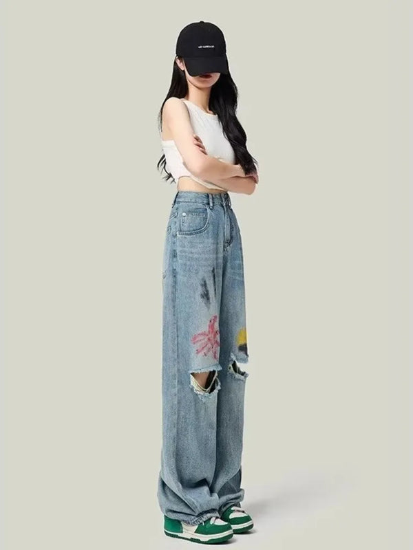 Colored Distressed Wide-Leg Jeans for Women High Waist Summer Trendy