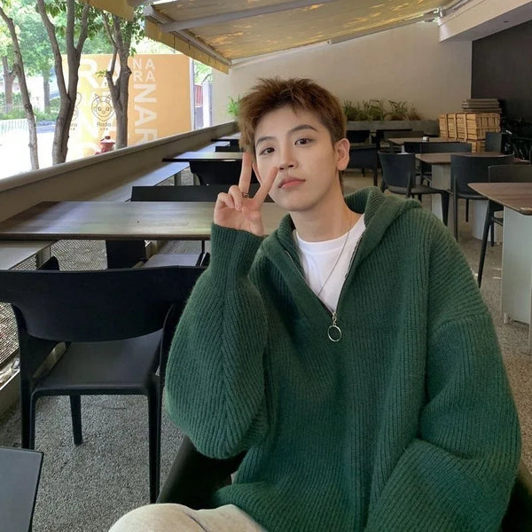 Mens Half Zip Hooded Sweater Oversized Knit Pullover Winter Solid