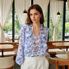 Blue White Floral Blouse Women Ruffled Long Sleeve Elegant Top