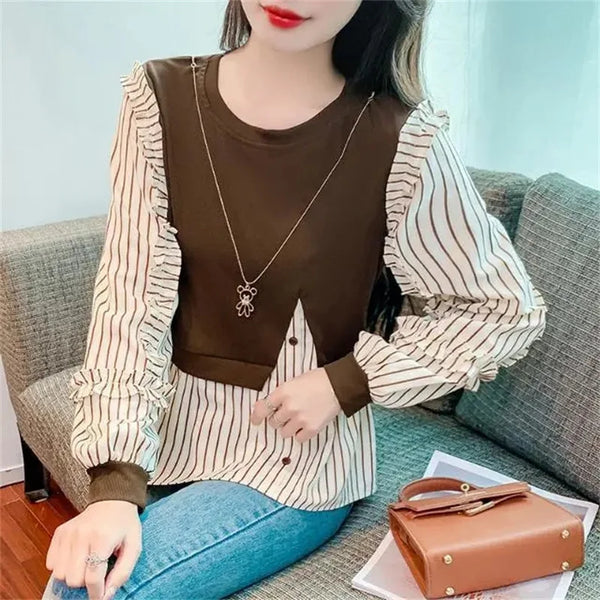 Womens Layered Look Shirt Jacket Striped Spliced Korean Style Spring