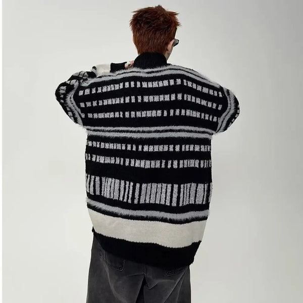 Unisex Y2K Color Block Cardigan Zip Up Retro Knit Couples Matching