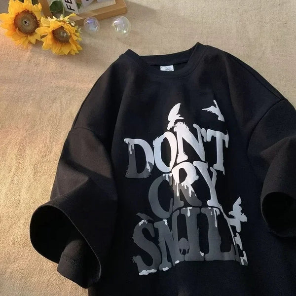 Dont Cry Letter Graphic Tee Men Retro Streetwear Cotton Hip Hop