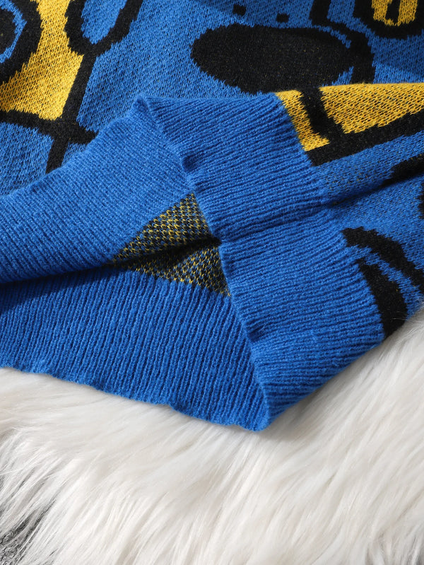 Mens Dog Print Sweater Crew Neck Double Sided Knit Pullover Casual