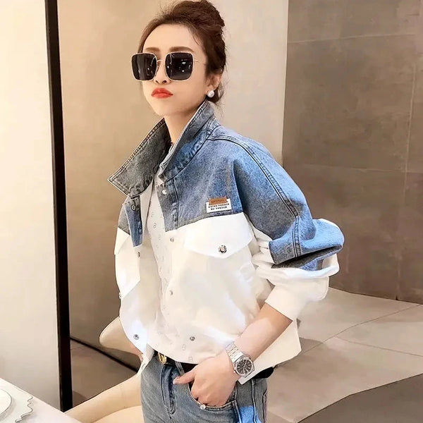 Embroidered Denim Jacket Women Short Colorblock Loose Fit Spring