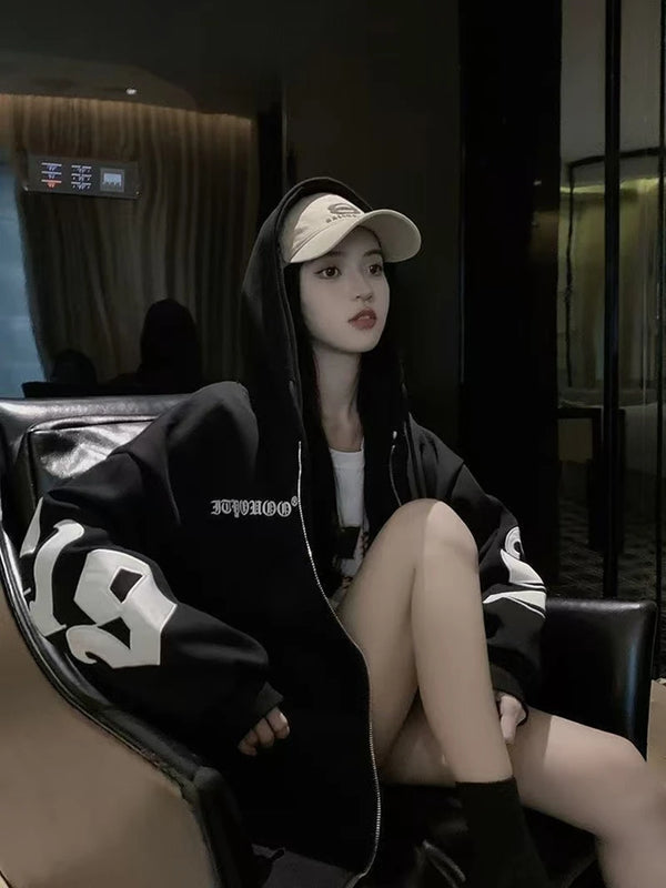 Autumn Winter Oversized Women Hoodie Stylish Letter Print Hooded Coat