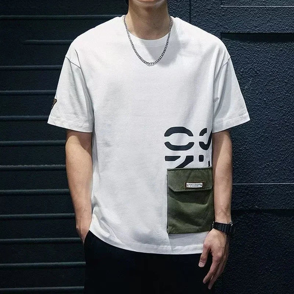 Mens Cargo Pocket Tshirt Letter Print Oversized Y2K Streetwear