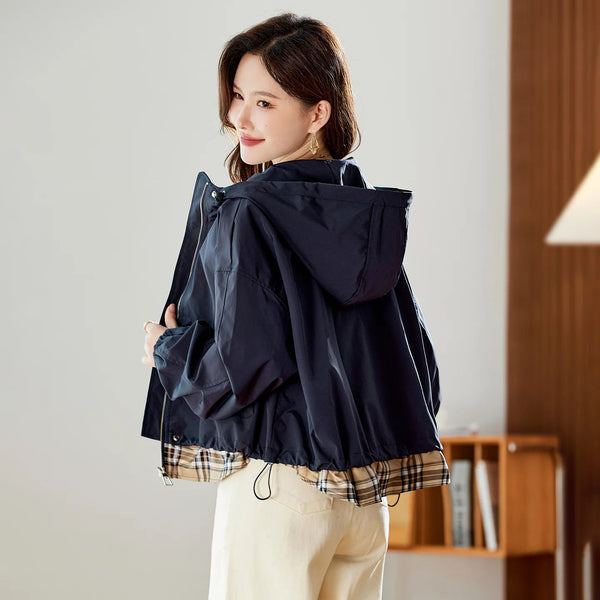 Womens Cropped Hooded Jacket Cotton Blend Loose Casual Spring Top