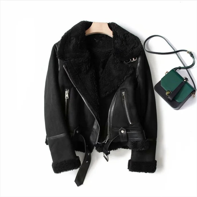 Women's Warm Lamb Fur Biker Jacket Winter Retro