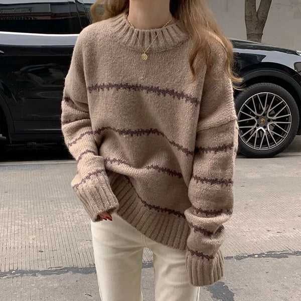 Womens Striped Knit Sweater O Neck Long Sleeve Pullover Top