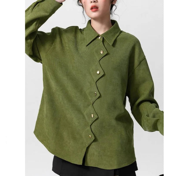 Green Irregular Shirt Women Vintage Collar Long Sleeve Button Top