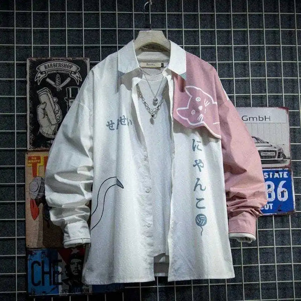 Anime Cat Hoodie Men Patchwork Japanese Streetwear Harajuku Style