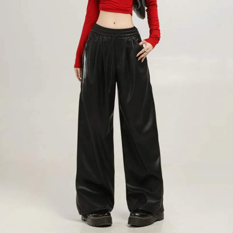 Women's Wide Leg PU Pants High Waist Faux Leather Streetwear Trousers