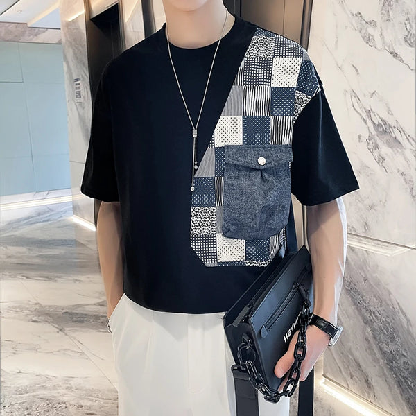 Mens Denim Patchwork Tshirt Cargo Pocket Short Sleeve Cotton Tee