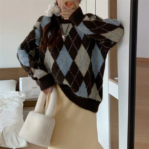 Womens Plaid Knit Cardigan Sweater Contrast Color Retro Warm Winter