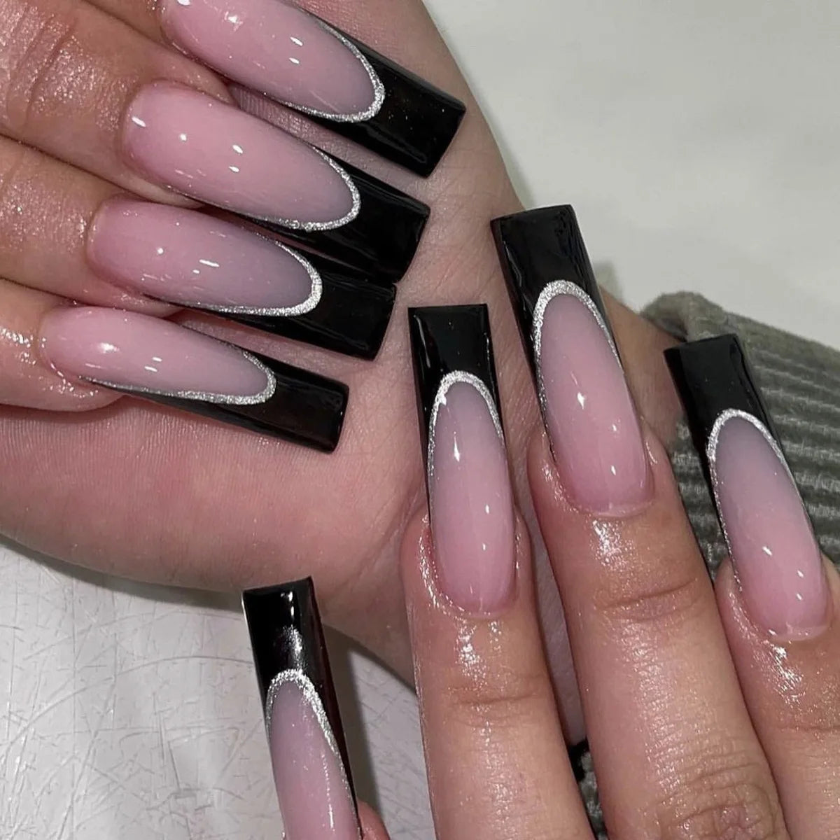 Black French Nails with Silver Lining The Must-Have Nail Art