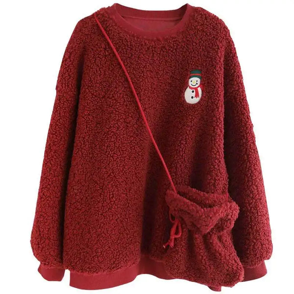 Womens Christmas Embroidered Fleece Hoodie Oversized with Bag