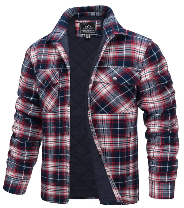 Men’s Plaid Flannel Shirt Jacket – Quilted Lined Winter Cotton Coat with Multi Pockets