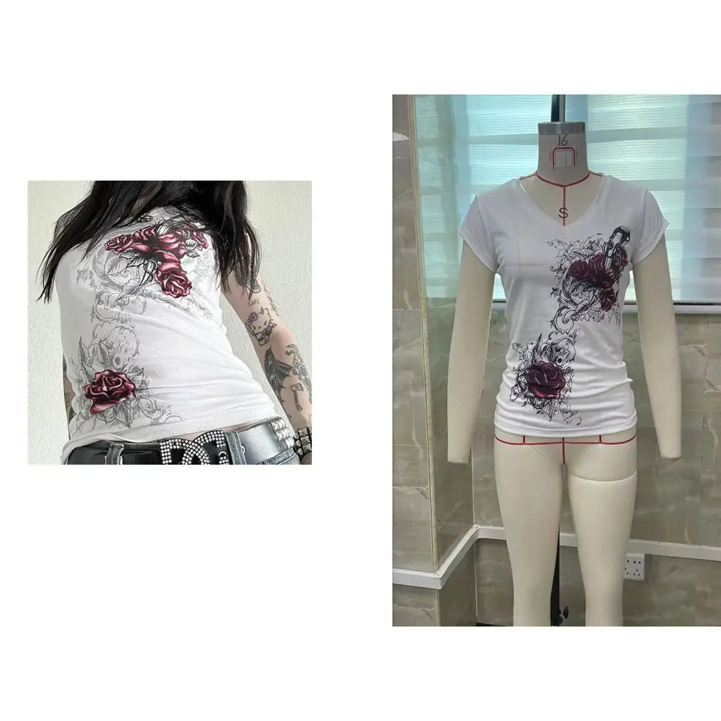 Women's Vintage Gothic Floral Print Slim Fit V-Neck Grunge Tee