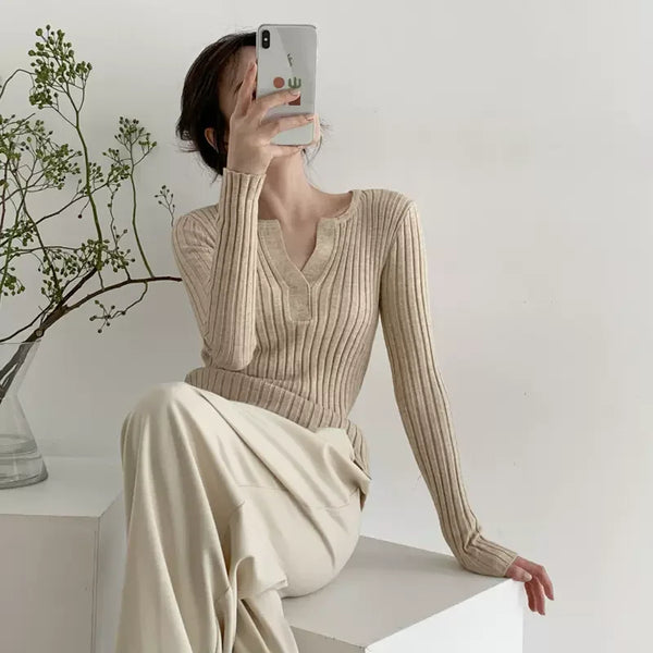 V Neck Base Layer Sweater Women Long Sleeve Slim Knit Fall Winter