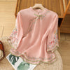 Womens Vintage Embroidered Top Cotton Linen Loose Summer Shirt