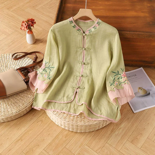 Womens Vintage Embroidered Top Cotton Linen Loose Summer Shirt