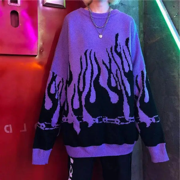 Autumn Winter Dark Girl INS Fire Sweater Hip Hop Flame Loose Knit