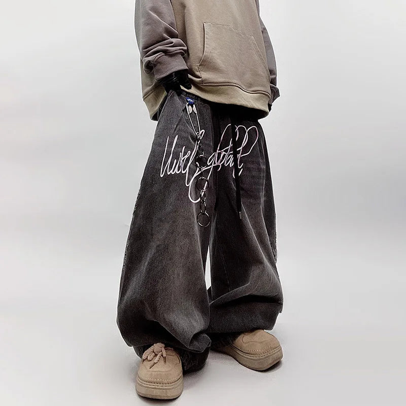 2025 Spring Embroidery Letter Baggy Wide Leg Jeans Men Vintage Denim
