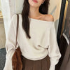 Womens One Shoulder Knit Sweater Lantern Sleeve Oversized Fit Top