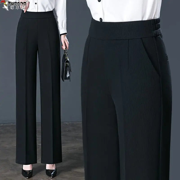 Womens High Waist Pants Elastic Straight Leg Casual Trousers Pockets
