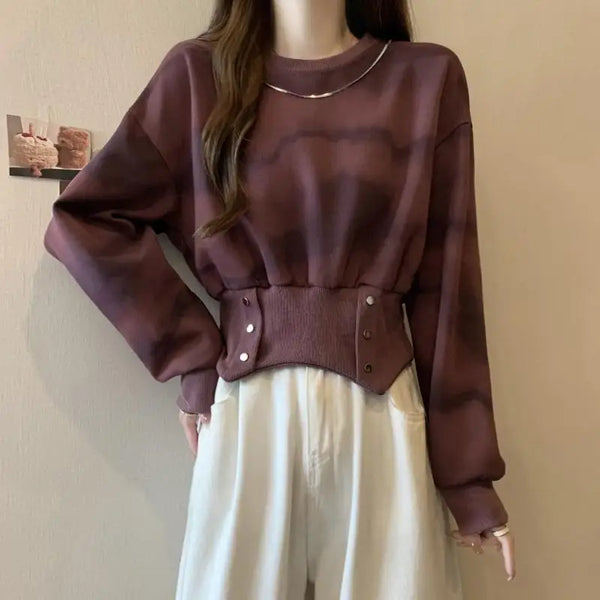 Tie Dye Sweatshirt Women Cropped Hoodless Retro Irregular Hem